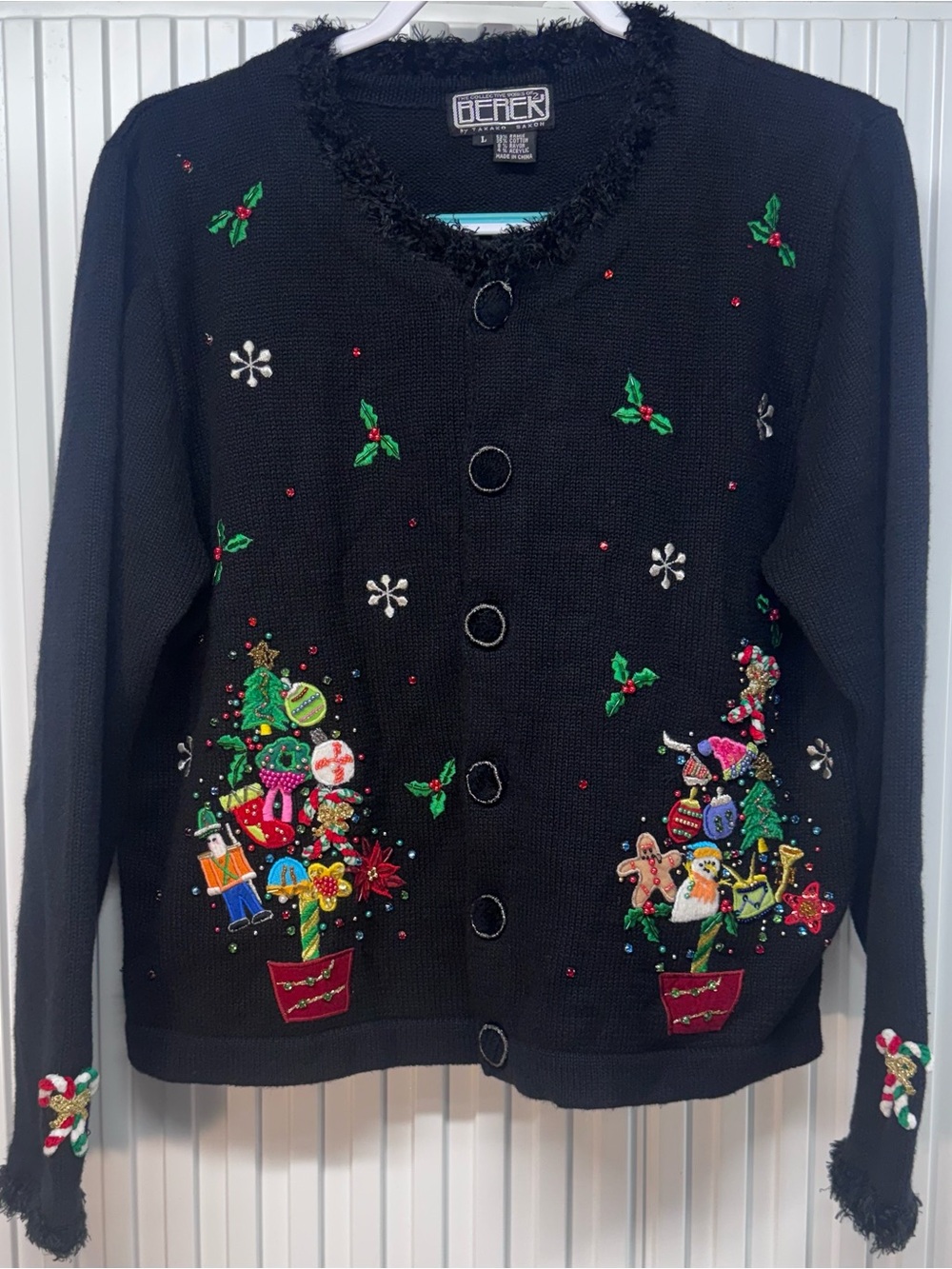 Berek Black Embellished Holiday Christmas Cardigan Colorful Appliqués size L